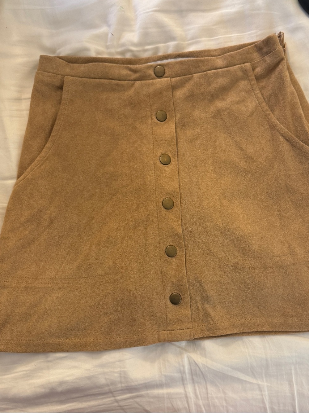 HYFVE Tan Suede-Look Snap Front Mini Skirt